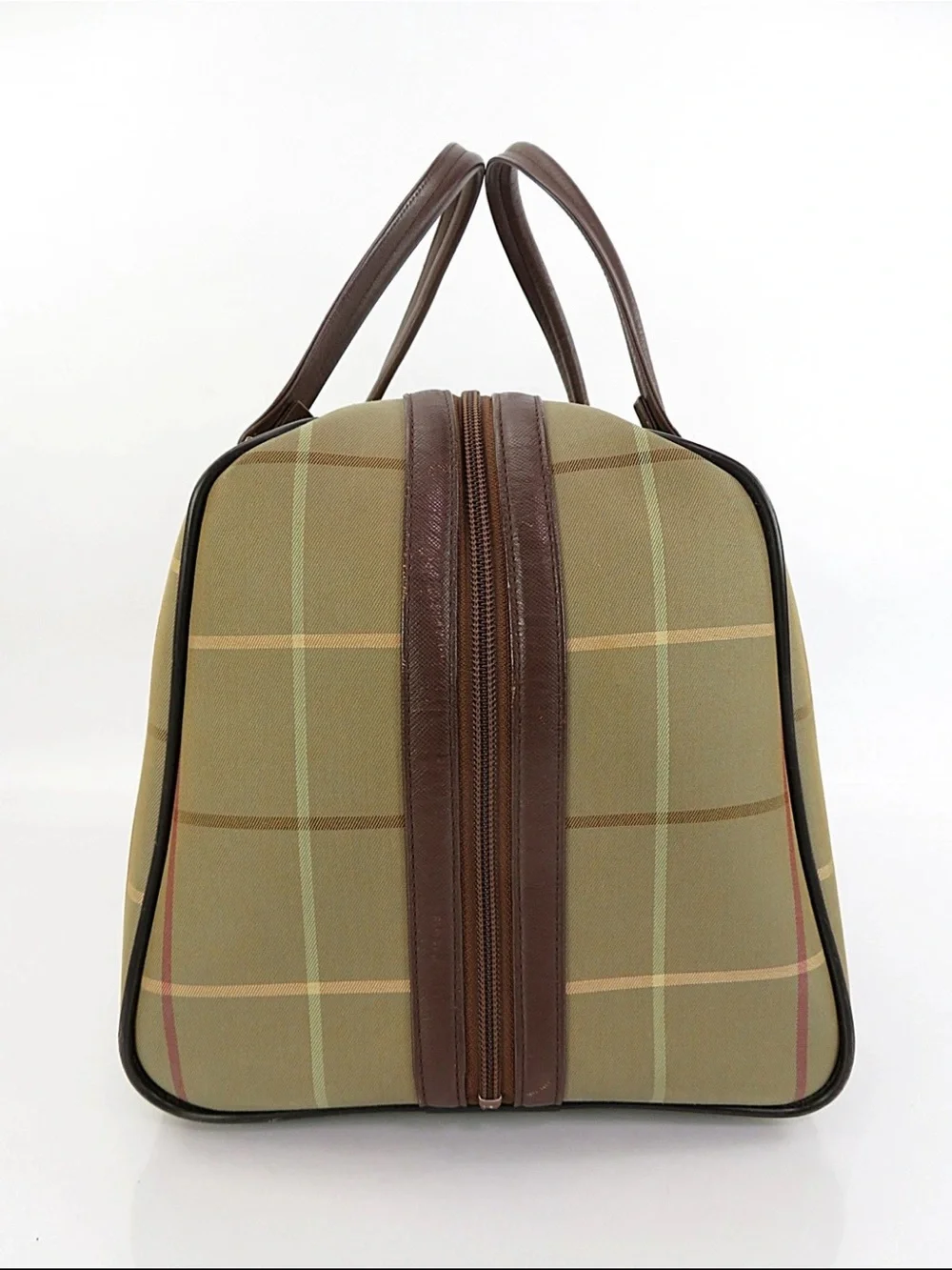 Burberry Tan Plaid Travel Holdall with Brown Leather Trim